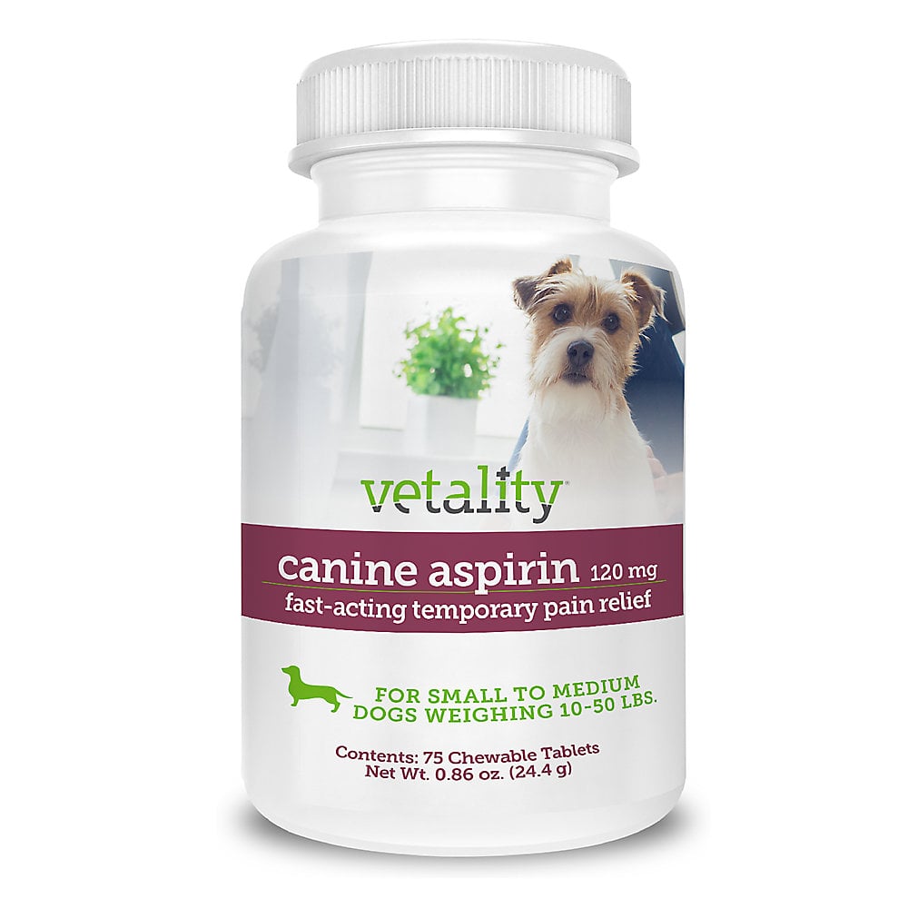Vetality Canine Aspirin for Small Medium Dogs, 10 50 lbs, Pain Relief, Chewable Tablets, 120 mg, 75 Count. Click to expand image