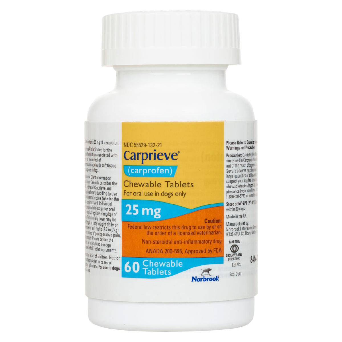 Carprieve (carprofen) Chewable Tablets for Dogs, 25 mg, 60 count. Click to expand image