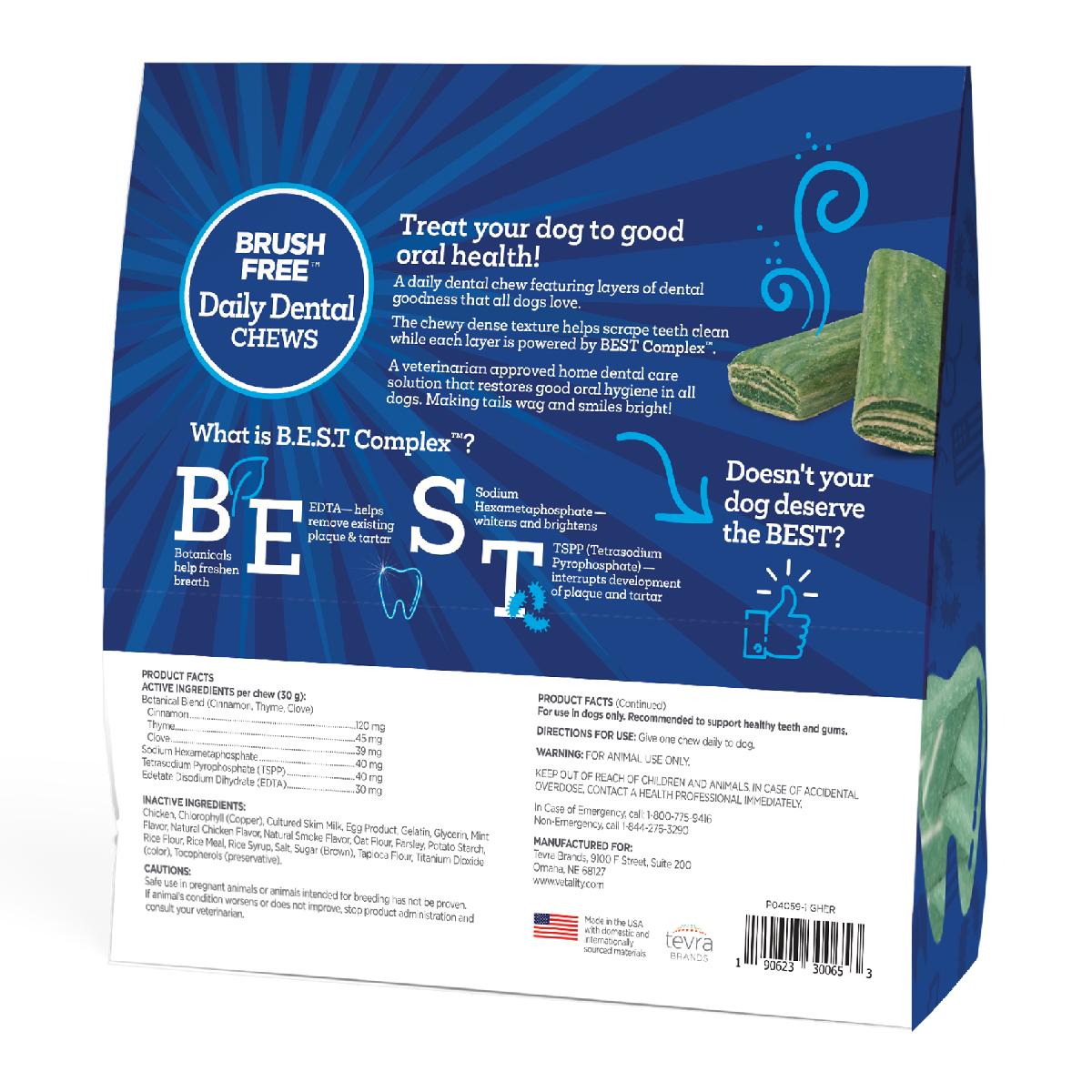 Vetality Brush Free Daily Dental Chews for Dogs 30 ct