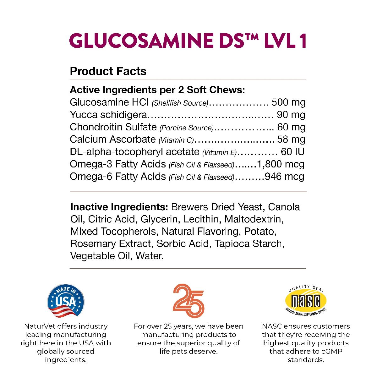 NaturVet Glucosamine DS Level 1 for Dogs & Cats, 70 Soft Chews