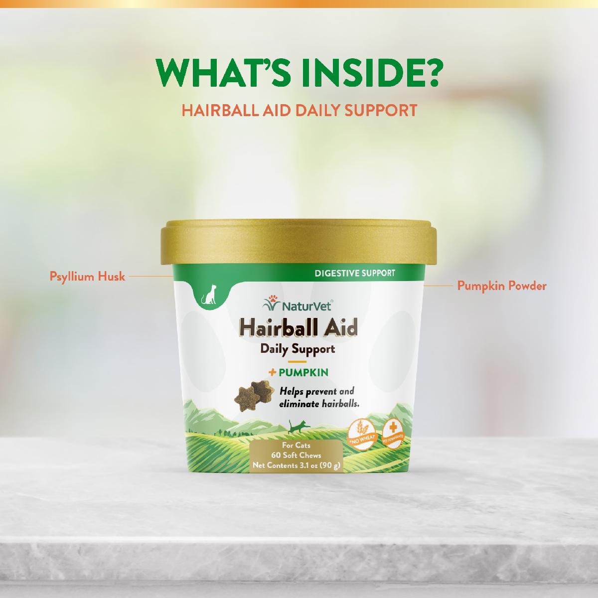 NaturVet Cat Hairball Aid Plus Pumpkin, 60 Soft Chews, 3.1 oz