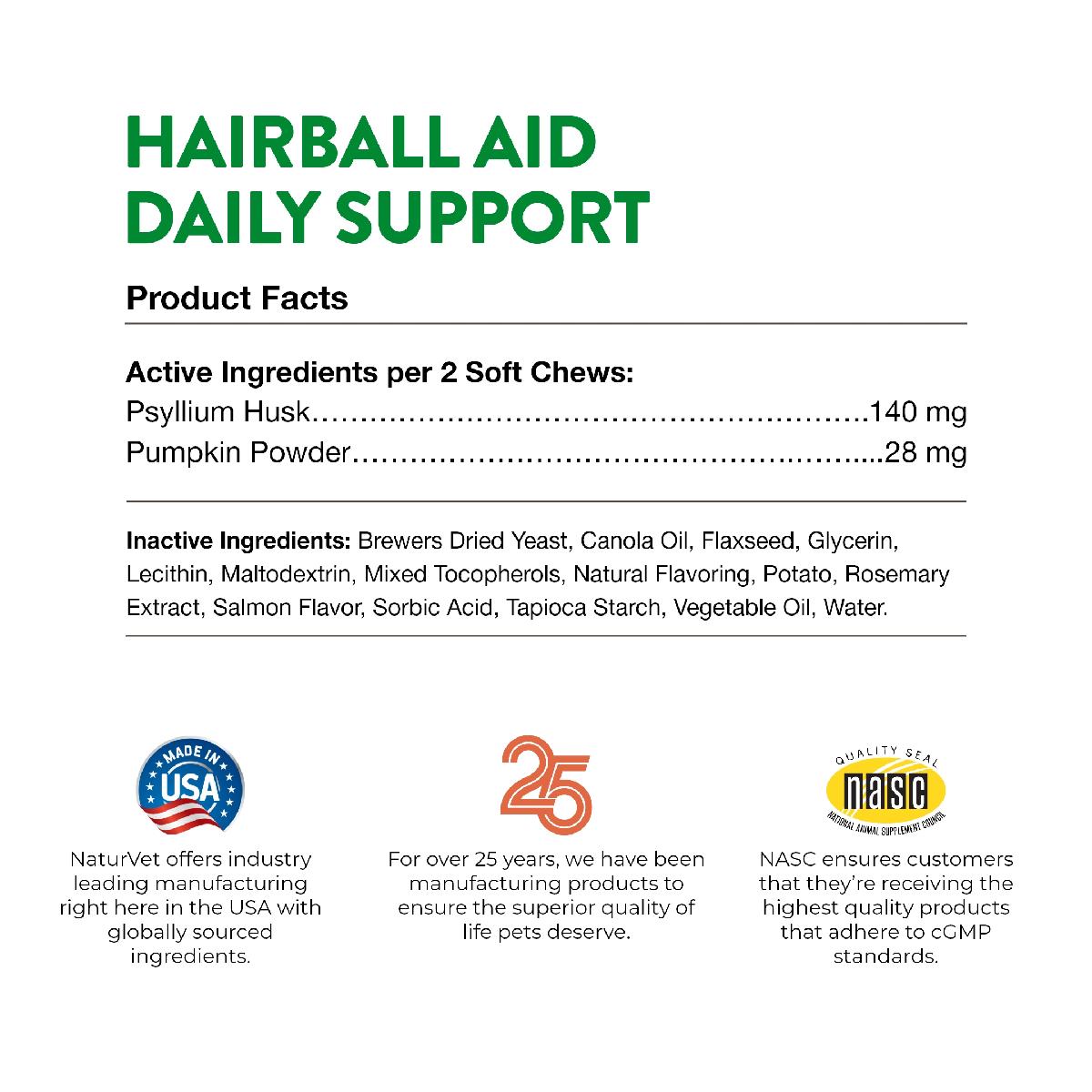 NaturVet Cat Hairball Aid Plus Pumpkin, 60 Soft Chews, 3.1 oz