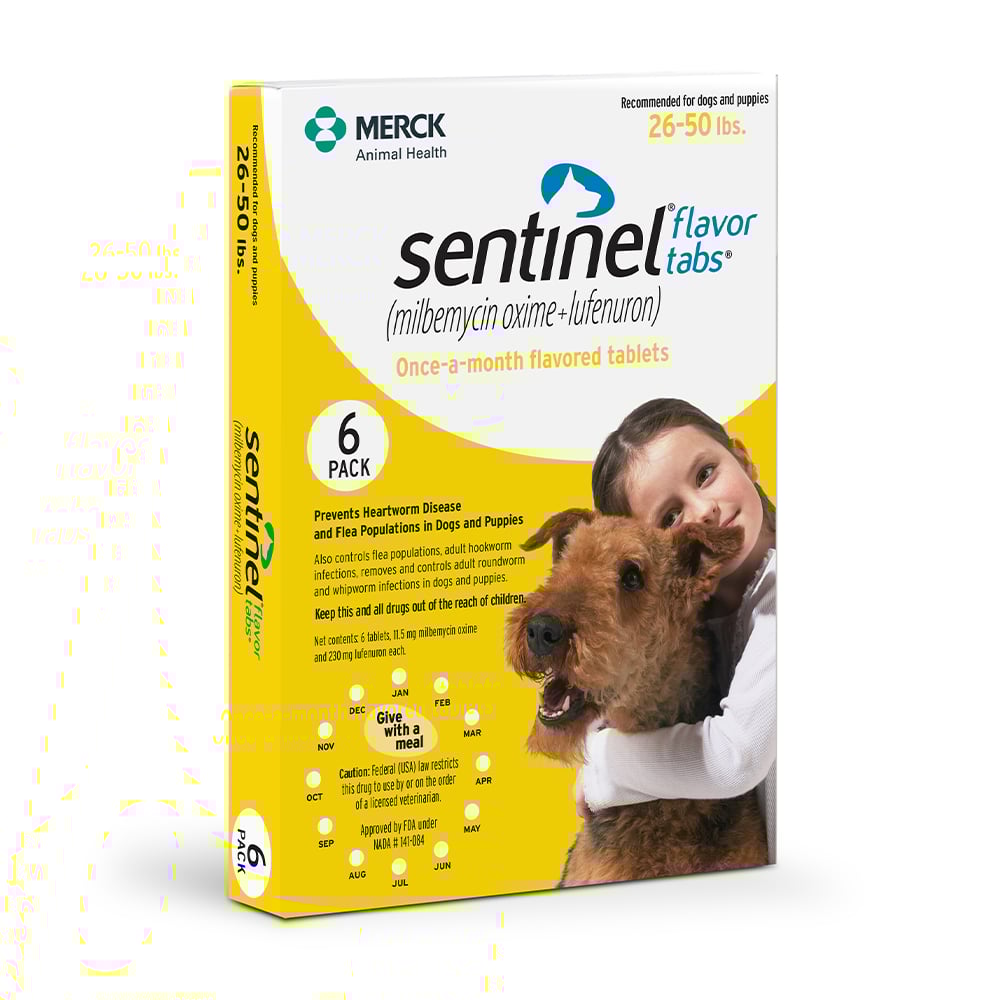 Sentinel Flavor Tabs (milbemycin oxime:lufenuron) for Medium Dogs, 26 50 pounds, 6 doses