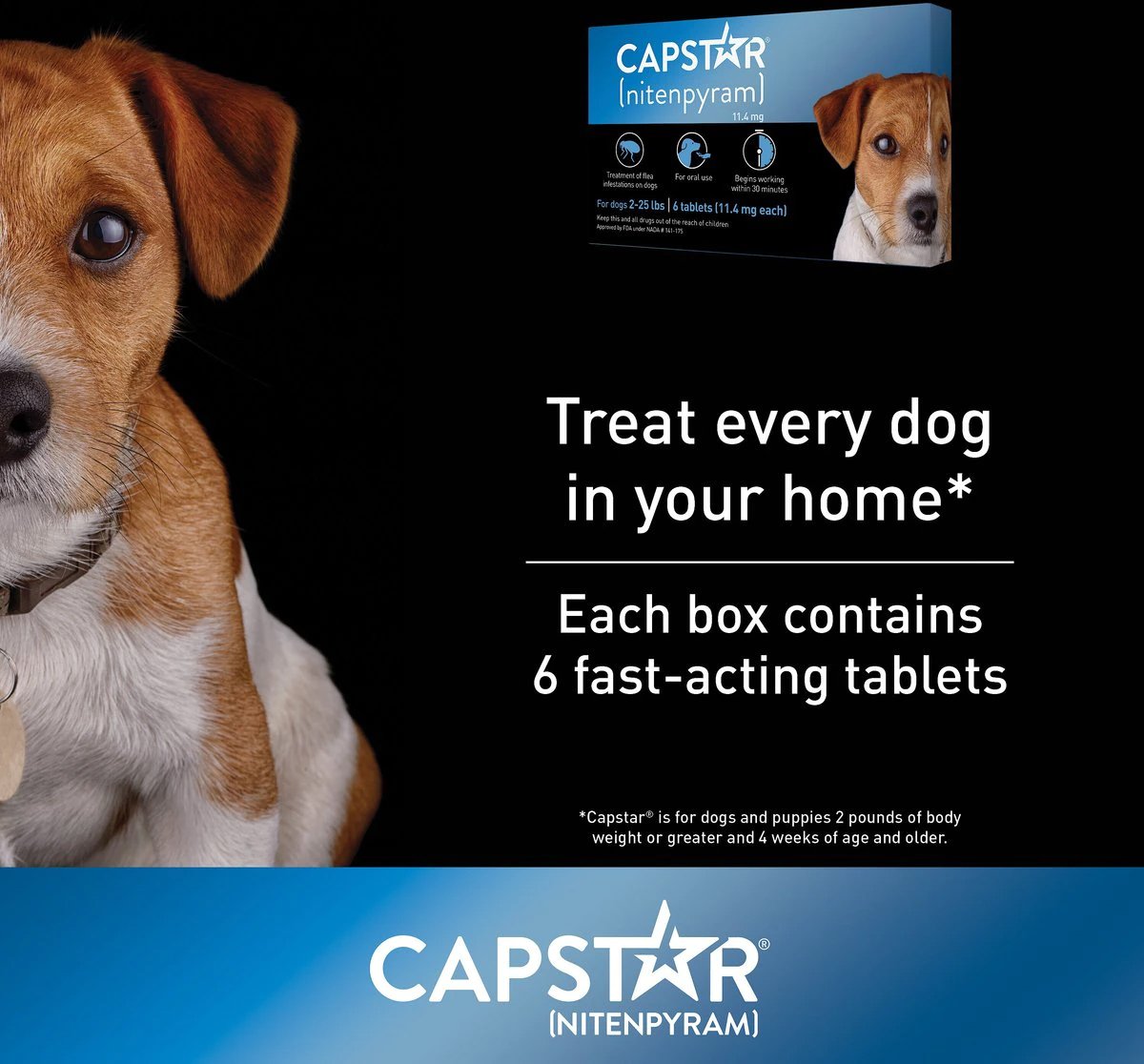 Capstar Flea Tablets (nitenpyram) for Dogs, 25 or more lbs, 6 tablets, 57 mg