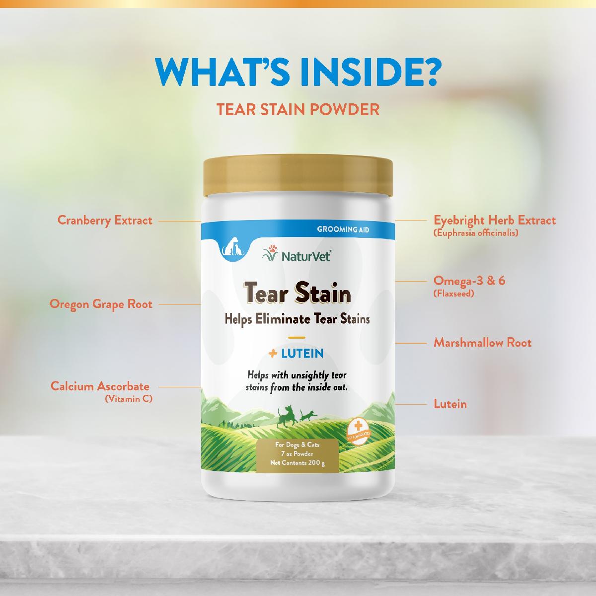NaturVet Tear Stain Supplement Powder Plus Lutein for Dogs and Cats, 7 ounces, 200 grams