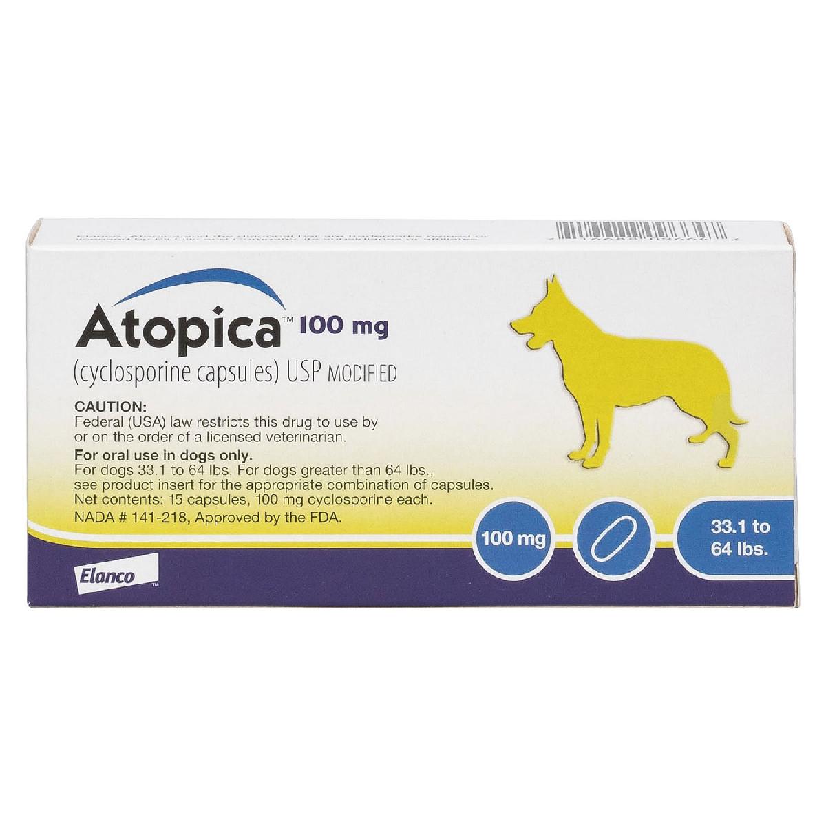 Atopica (cyclosporine capsules) for Dogs 33 64 pounds, 100 mg, 15 count