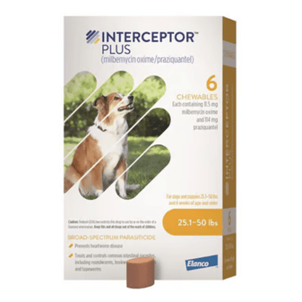 Interceptor Plus Chewable for Dogs (milbemycin oxime/praziquantel), Yellow 25.1-50 lbs, 6 chewables