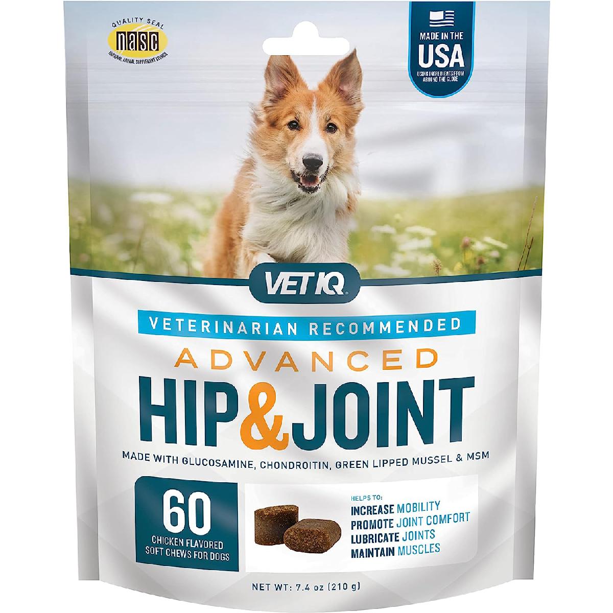 VetIQ Advanced Hip & Joint with UC II and Omega 3s Advance Formula for All Dog Breeds, Chicken Flavor, 60 Count. Click to expand image