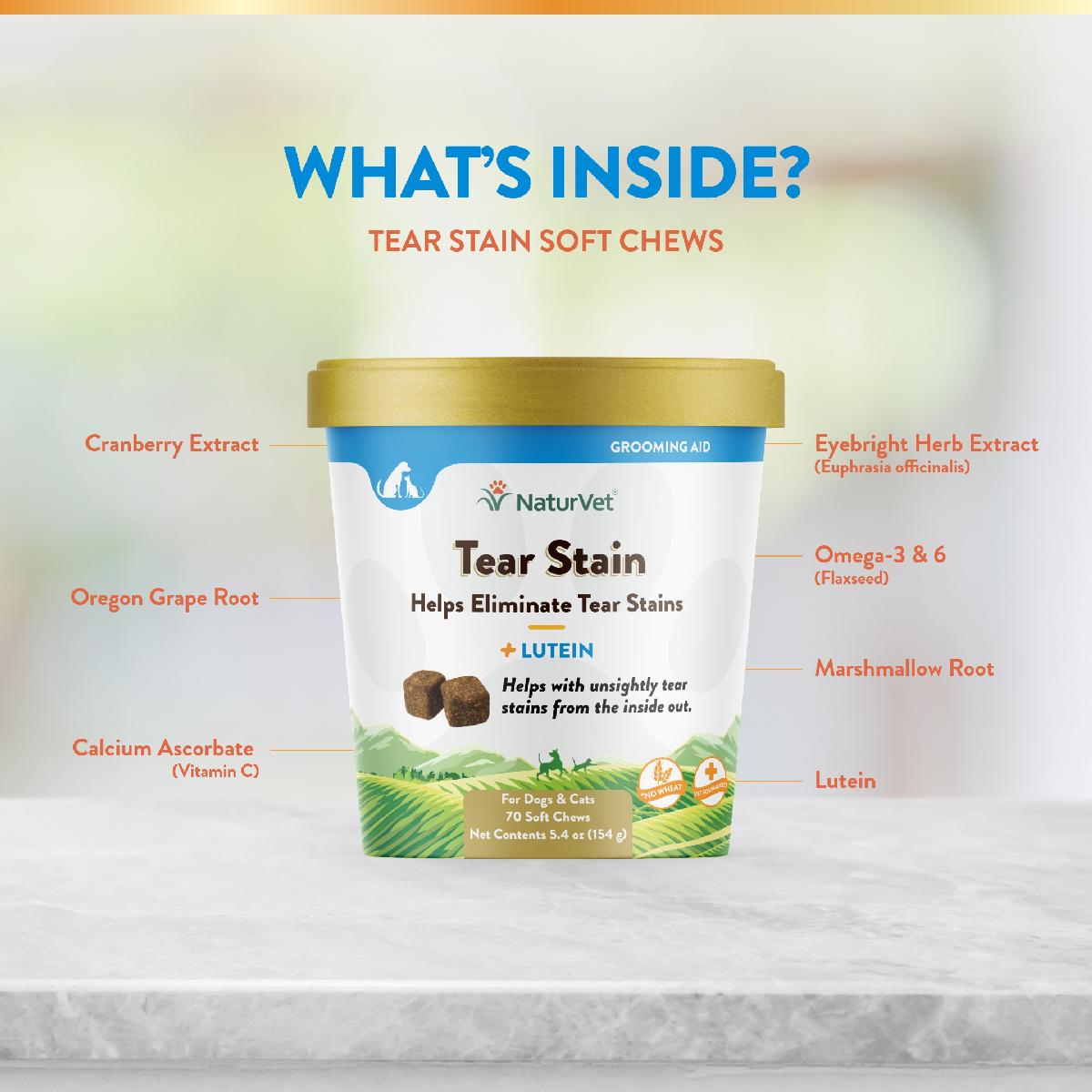 NaturVet Tear Stain Supplement Soft Chews Plus Lutein for Dogs and Cats, 70 count