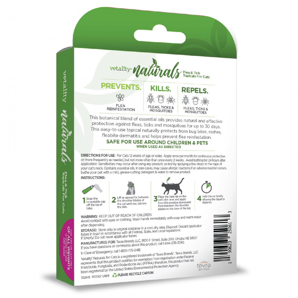 Vetality Naturals Flea & Tick Topicals for Cats, 3 doses