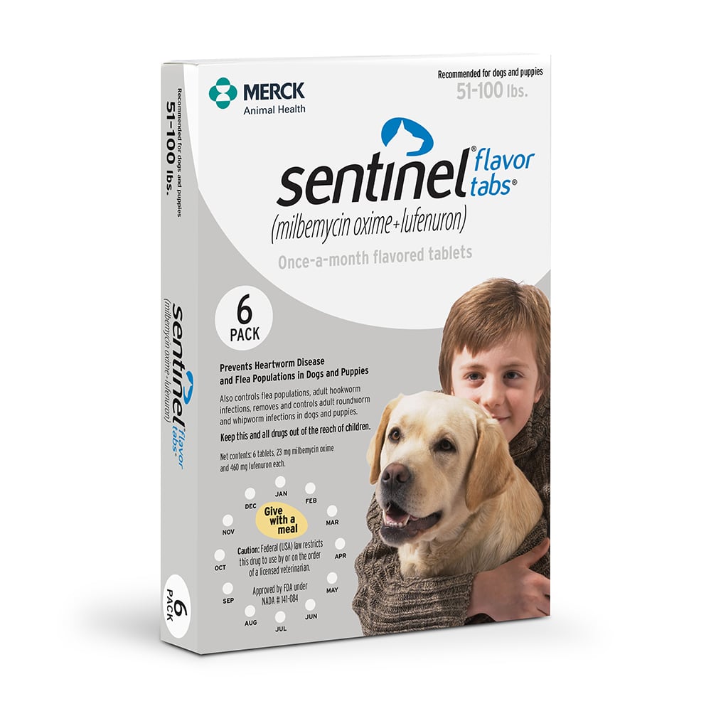 Sentinel Flavor Tabs (milbemycin oxime:lufenuron) for Large Dogs, 51 100 pounds, 6 doses