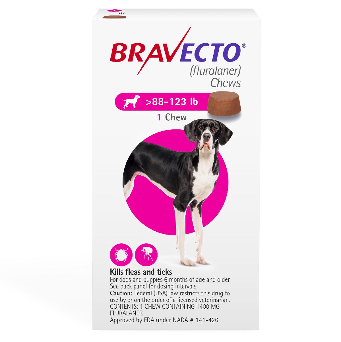 Bravecto Chews (fluralaner) Flea and Tick Treatment for Dogs by Merck, 88 123 lbs, 1400 mg, 1 ct