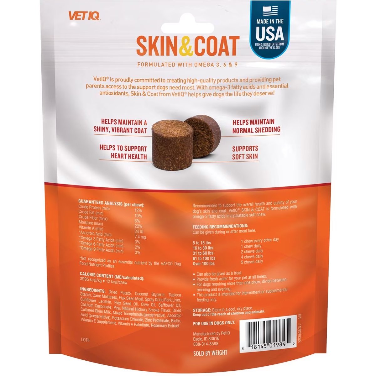 VetIQ Skin and Coat Hickory Smoke Flavor Dog Chew, 60 Ct