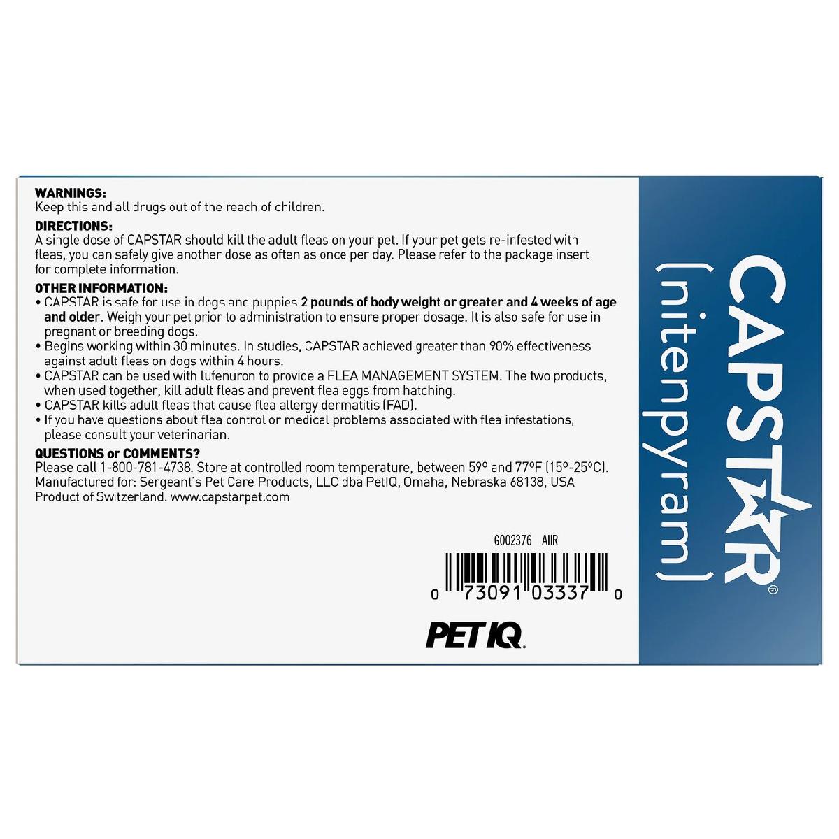 Capstar Flea Tablets (nitenpyram) for Dogs, 2 25 lbs, 6 tablets, 11.4 mg