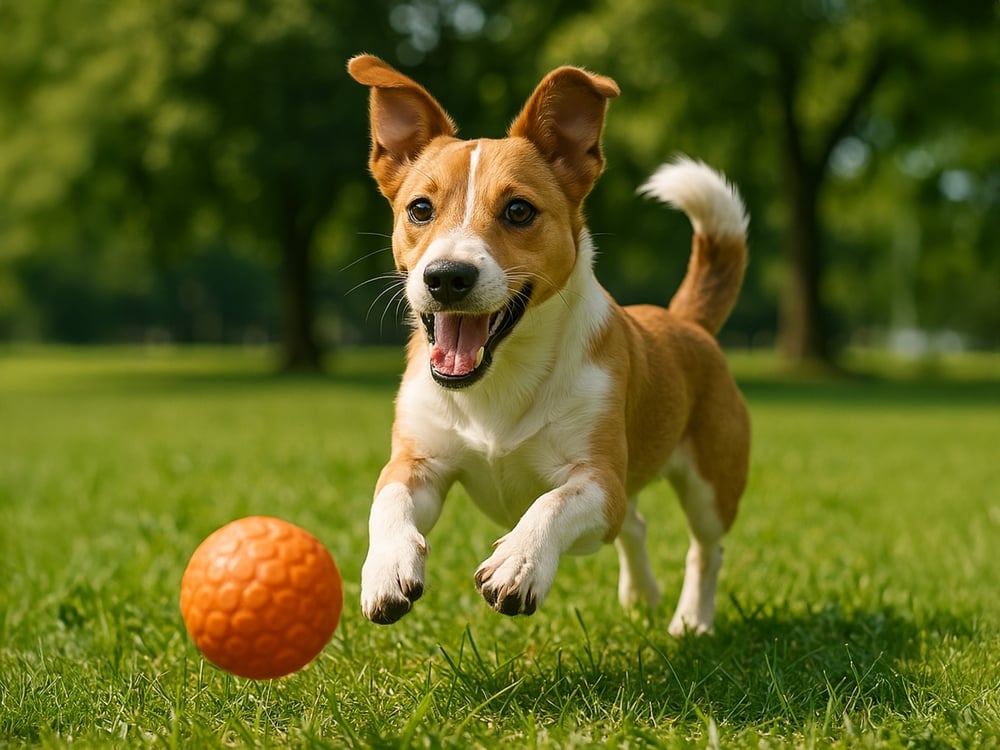 A happy small dog playing with a ball.