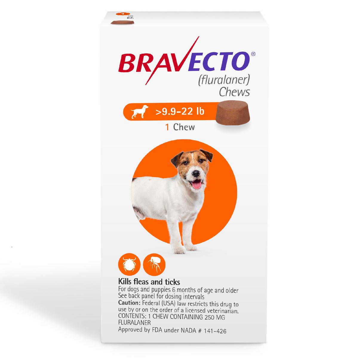 Bravecto Chews (fluralaner) Flea and Tick Treatment for Dogs by Merck, 9.9 22 lbs, 250 mg, 1 ct