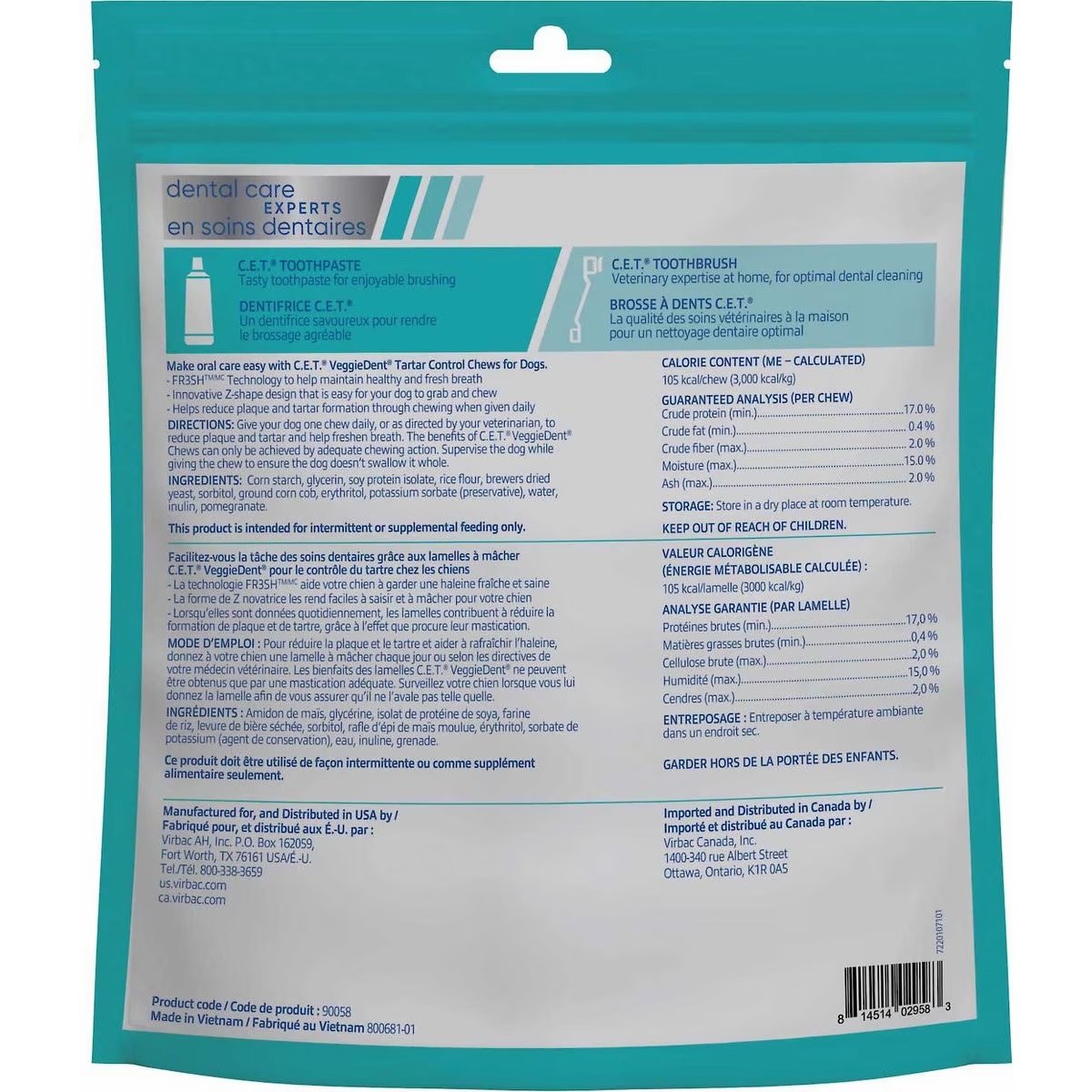 C.E.T. Veggiedent Fr3sh Tartar Control Chews for Large Dogs, over 66 pounds, 30 count