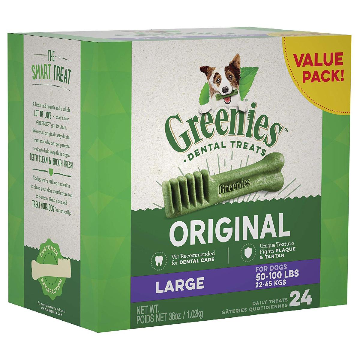 Greenies Original Large Dog Dental Treats, 36 ounces, 24 count. Click to expand image