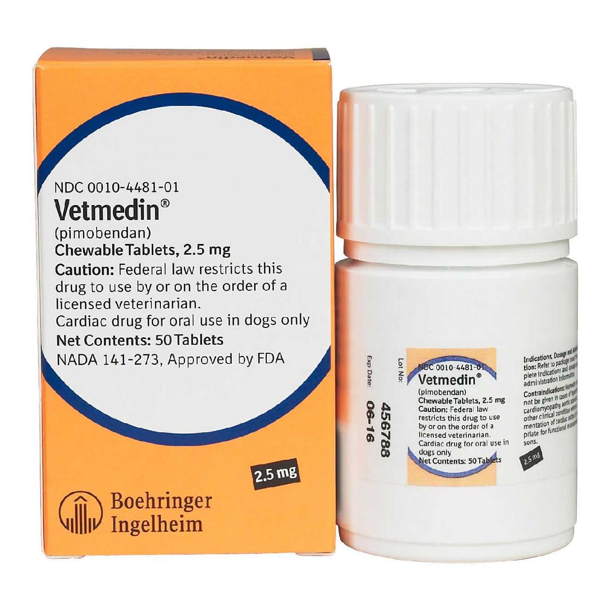 Vetmedin (pimobendan) Chewable Tablets, 2.5 mg, 50 count. Click to expand image